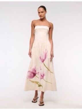 Abercrombie & Fitch Strapless Drop-Waist Linen-Blend Maxi Dress Floral Maxi